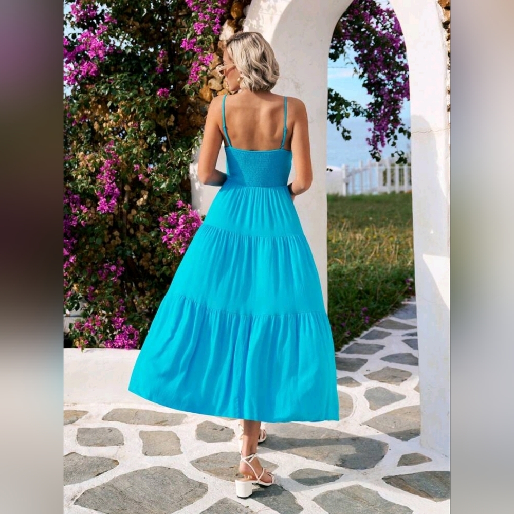 New Flowy Boho Ruched Cami Maxi Dress Blue - Picture 5 of 8